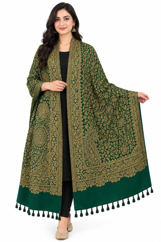 Green Blended Pashmina Shawl with Gold Woven Motifs | Golden Grace