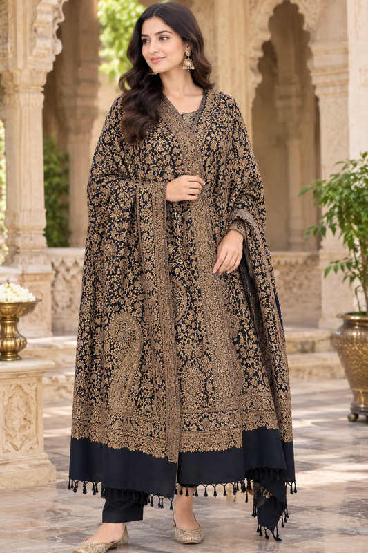 Premium Navy Blue Golden Zari Work Shawl