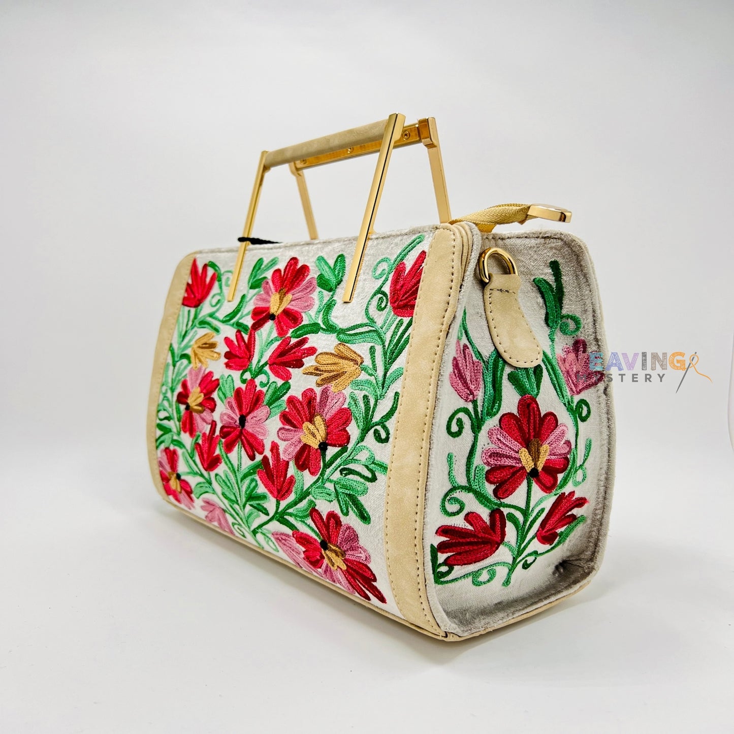 Gilded Gardenia: Embroidered Leather Luxury Handbag