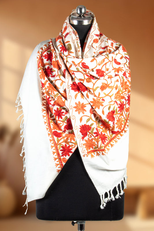 Weaving Mystery Blended Pashmina Women`s Aari Shawl – Elegant Cream Base with Handcrafted Multicolor Floral Embroidery for Timeless Sophistication