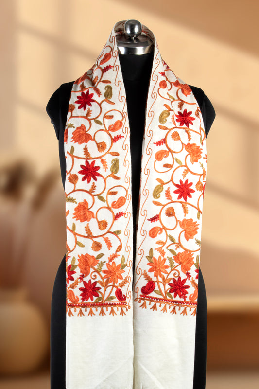 Weaving Mystery Blended Pashmina Women`s Aari Shawl – Elegant Cream Base with Handcrafted Multicolor Floral Embroidery for Timeless Sophistication