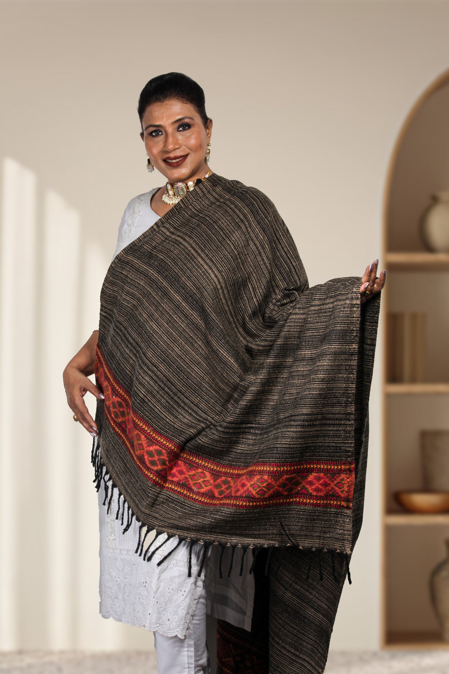 Lovingly Handcrafted Kashmiri Tibetan Shawl by Weaving Mystery with Traditional Motifs