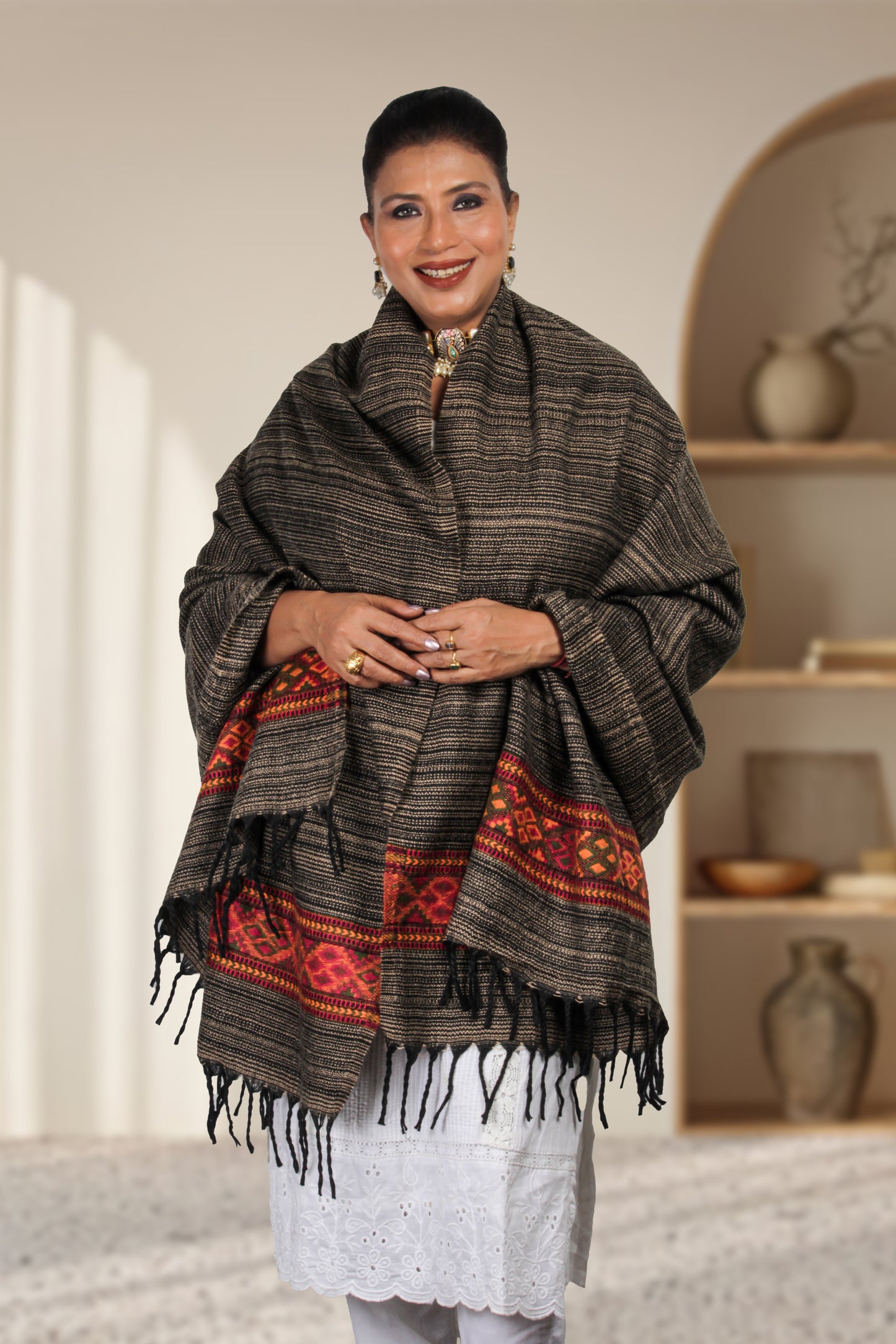 Lovingly Handcrafted Kashmiri Tibetan Shawl by Weaving Mystery with Traditional Motifs