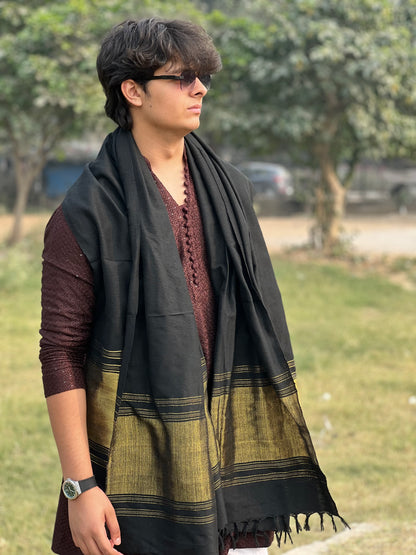 BLACK JAM KHAMBHADIYA Hand Men SHAWL –IN Black with Golden Pattern.