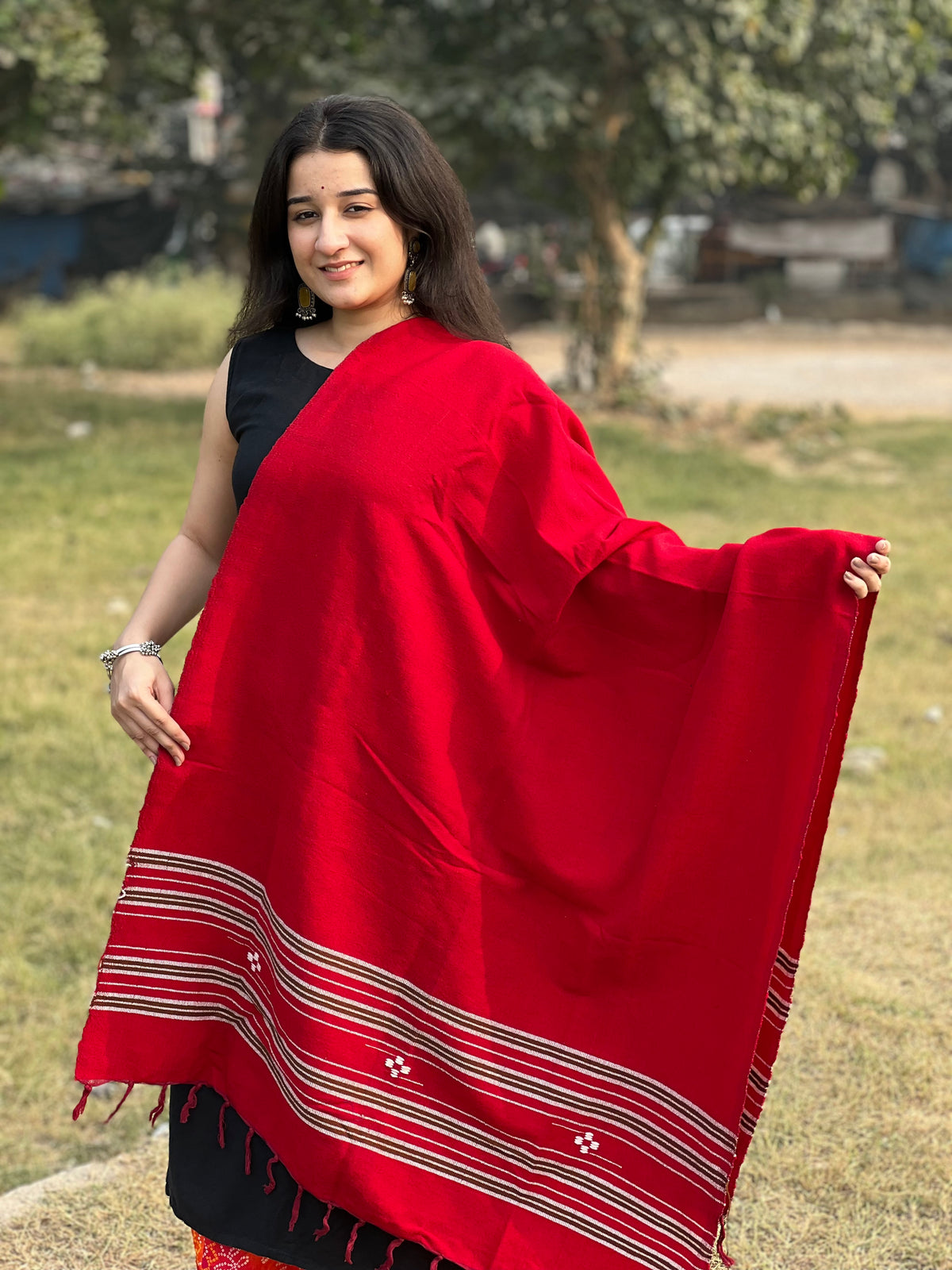 Red Kullu handwoven women shawl .