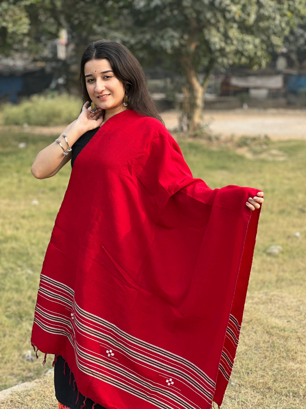 Red Kullu handwoven women shawl .