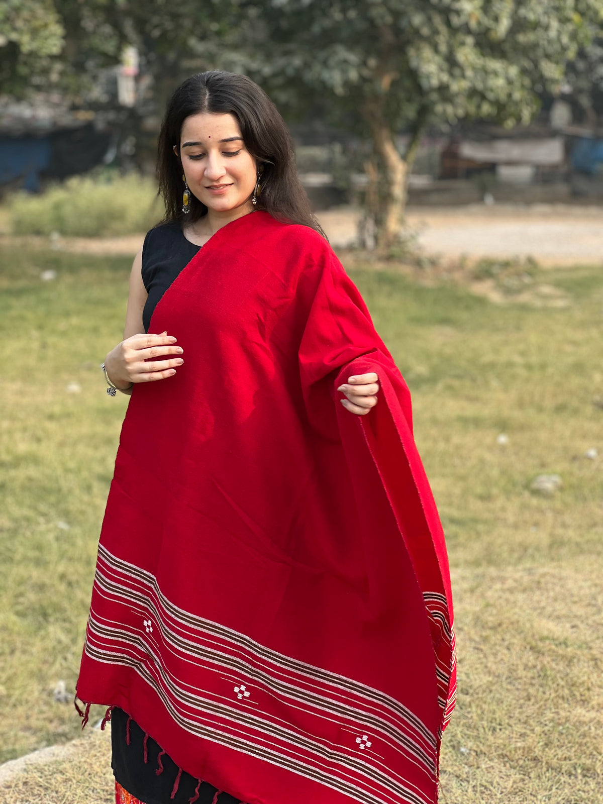Red Kullu handwoven women shawl .