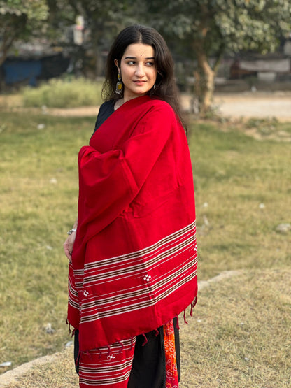 Red Kullu handwoven women shawl .