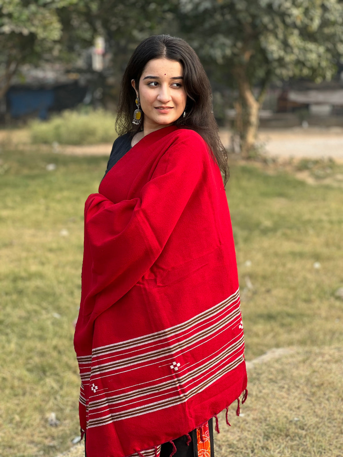 Red Kullu handwoven women shawl .