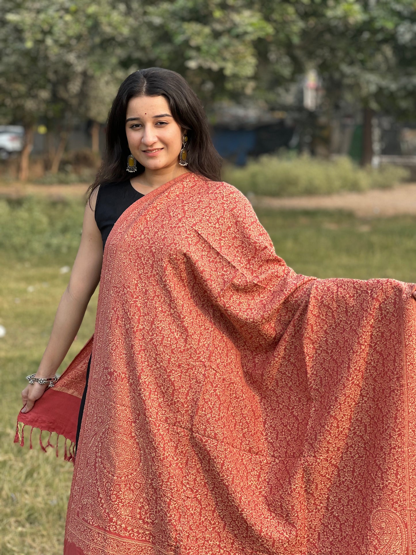 Red Zari Shawl – Timeless Elegance Woven in Gold  for women.