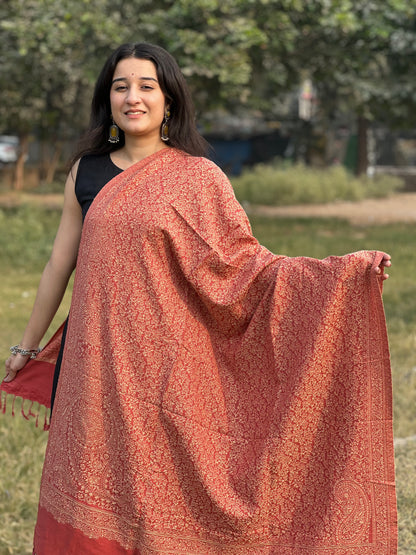 Red Zari Shawl – Timeless Elegance Woven in Gold  for women.
