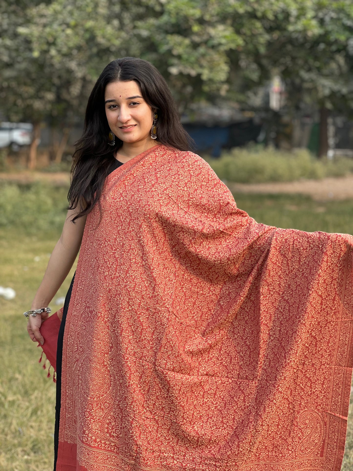 Red Zari Shawl – Timeless Elegance Woven in Gold  for women.