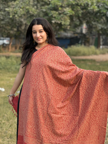 Red Zari Shawl – Timeless Elegance Woven in Gold  for women.