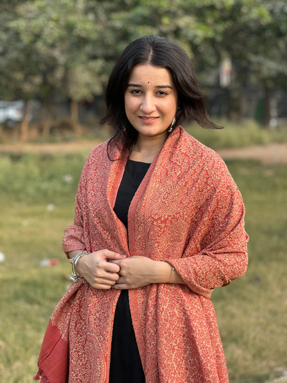 Red Zari Shawl – Timeless Elegance Woven in Gold  for women.