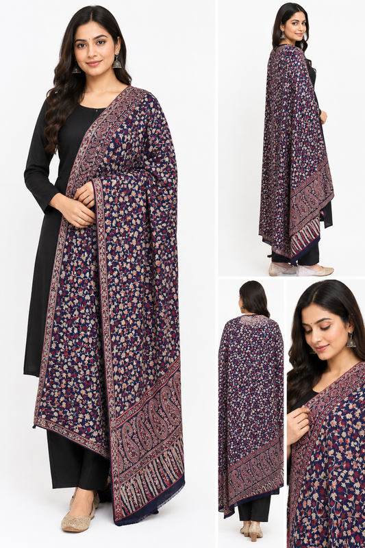 Navy Blue Kani Shawl for Women | Premium Kashmiri Winter Collection