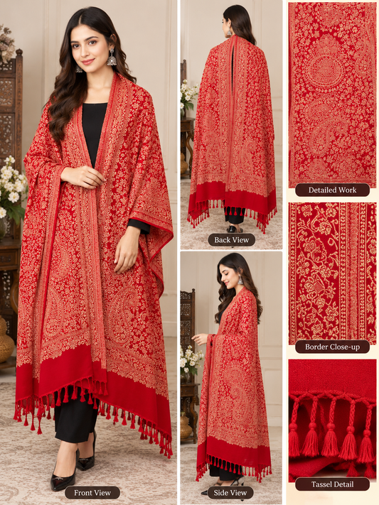 Red Kashmiri Zari Shawl – Elegant Gold Embroidered Pashmina Wrap