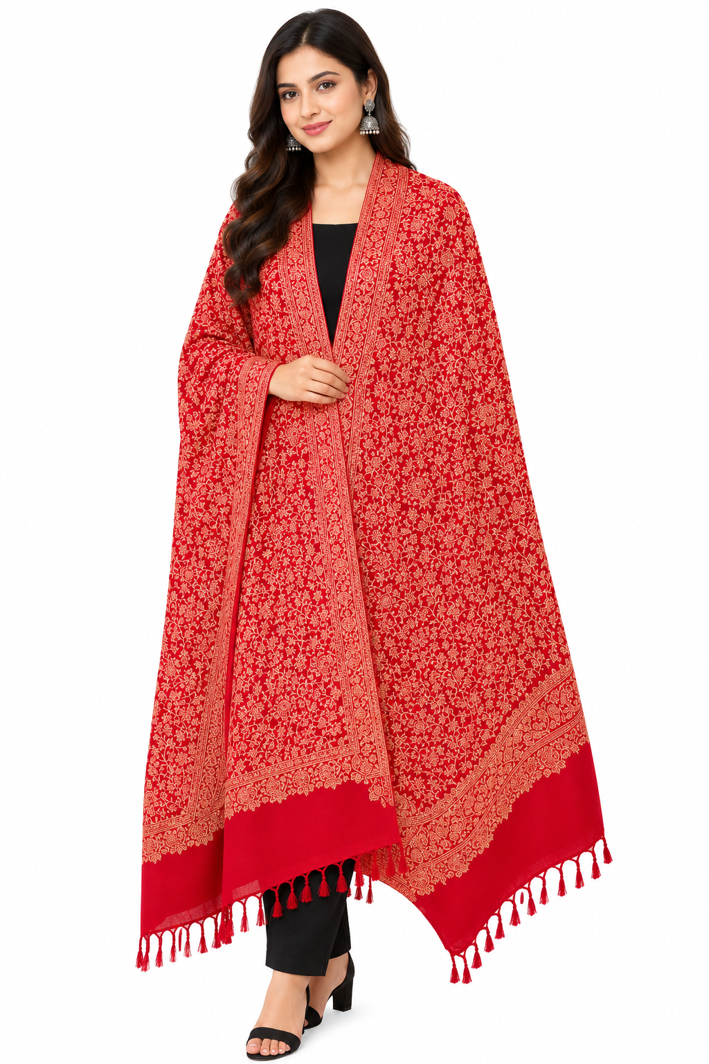 Red Kashmiri Zari Shawl – Elegant Gold Embroidered Pashmina Wrap