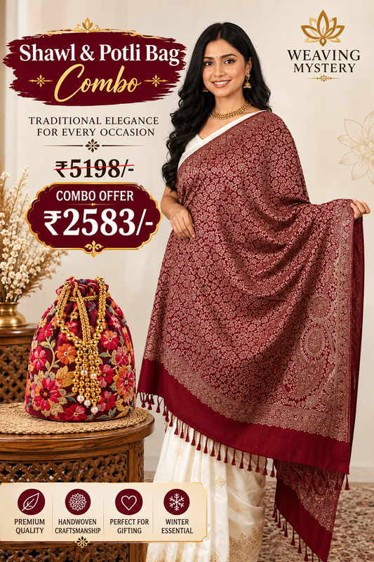 maroon Gold Zari Shawl & Handcrafted Potli Bag Combo | Premium Wedding Wear Collection description in shopify