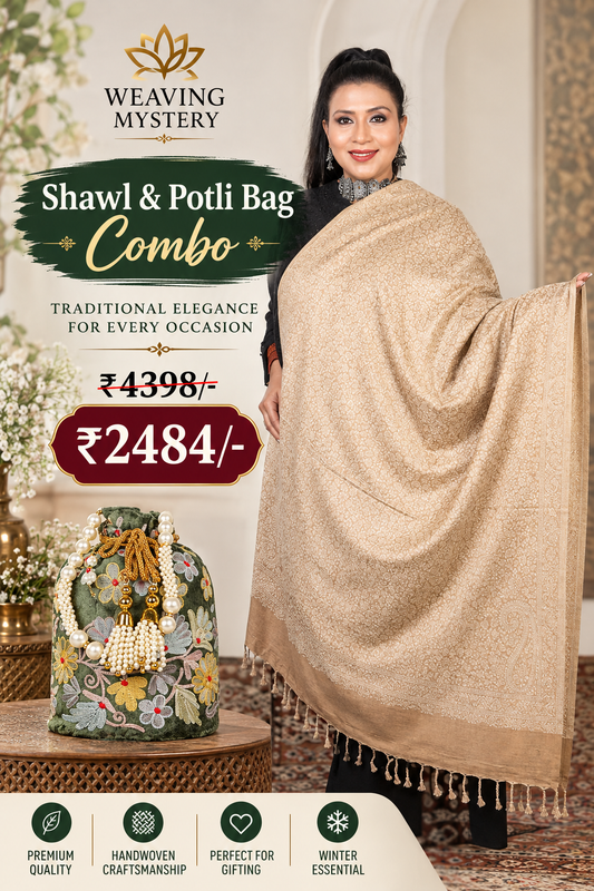 Beige Gold Zari Shawl & Handcrafted Potli Bag Combo | Premium Wedding Wear Collection