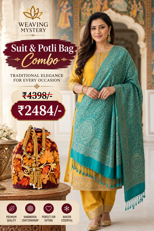 Teal Green Zari Shawl & Handcrafted Potli Bag Combo | Luxury Wedding Collection