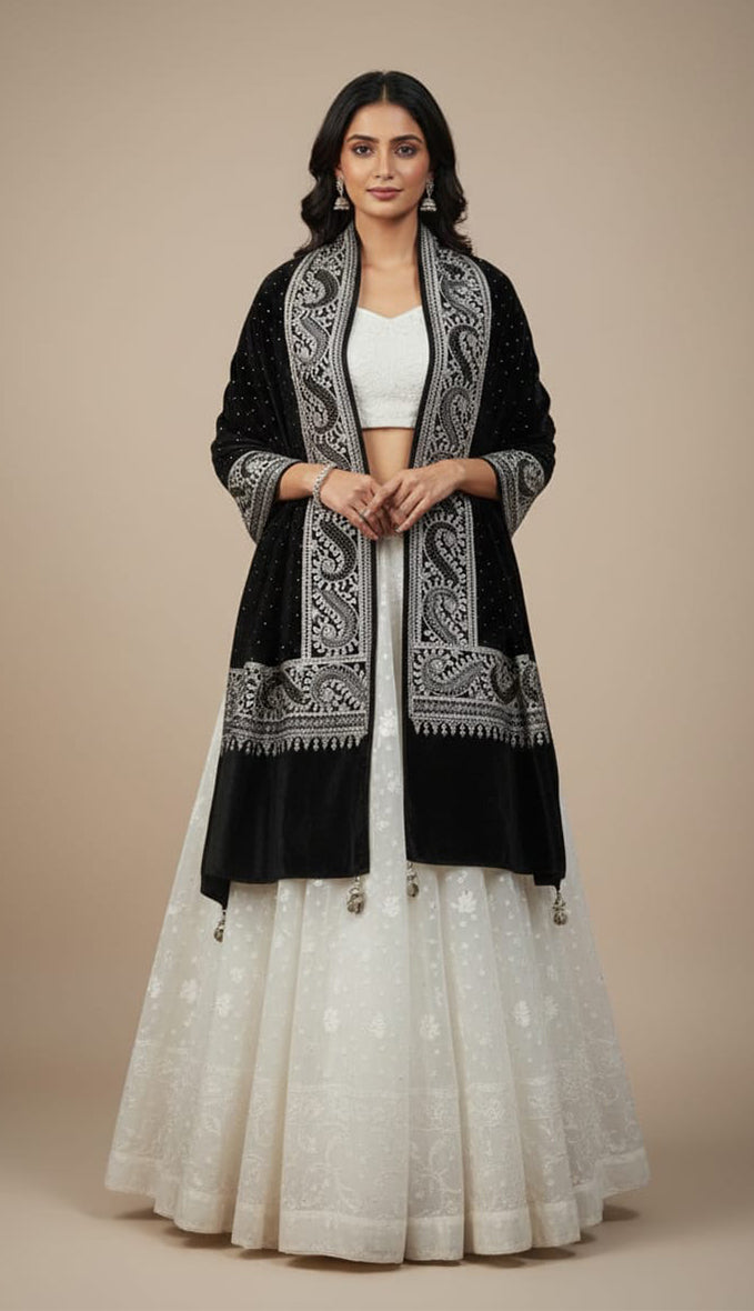 Black Velvet Stole – Handcrafted Silk Thread Embroidery with Swarovski Accents