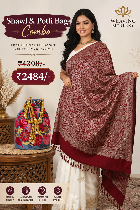 maroon Gold Zari Shawl & Handcrafted Potli Bag Combo | Premium Wedding Wear Collection description in shopify