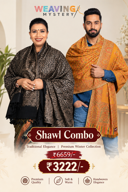 Black Gold Self Zari & Mustard Kani Zari Shawl Combo | Handwoven Pashmina Winter Collection combo set