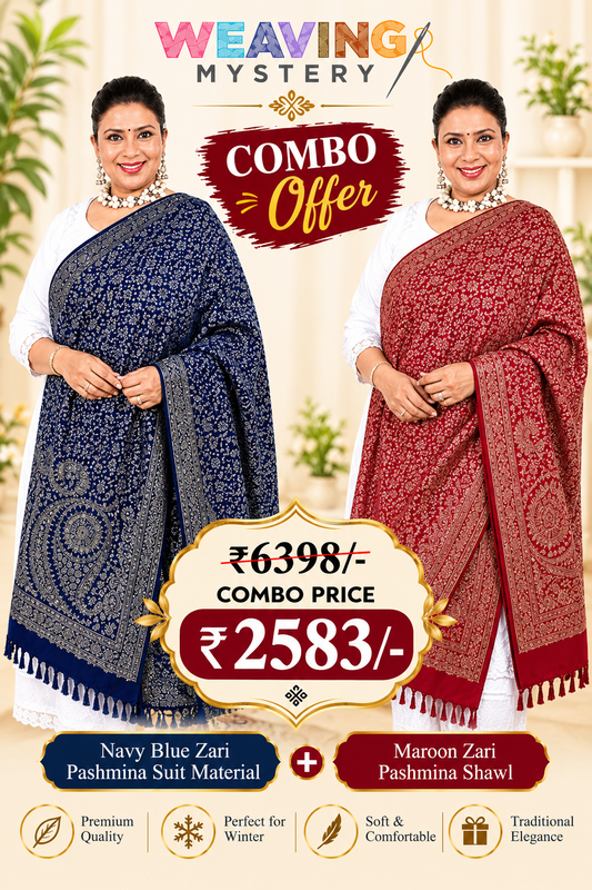 Navy Blue & Maroon Zari Pashmina Shawl Combo | Hand-Woven Winter Collection