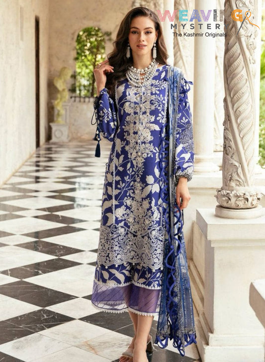 3 Piece Pakistani Lawn Cotton Suite with Dupatta & Bottom Royal Blue