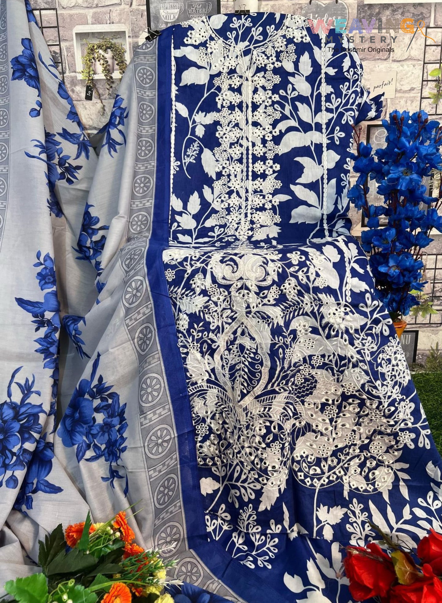 3 Piece Pakistani Lawn Cotton Suite with Dupatta & Bottom Royal Blue