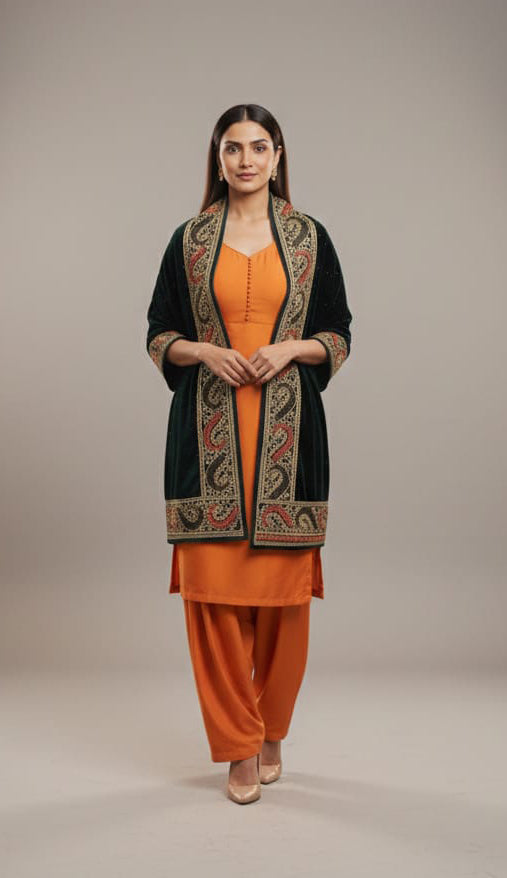 Black Velvet Stole – Silk Thread Embroidery with Swarovski Crystal Detailing