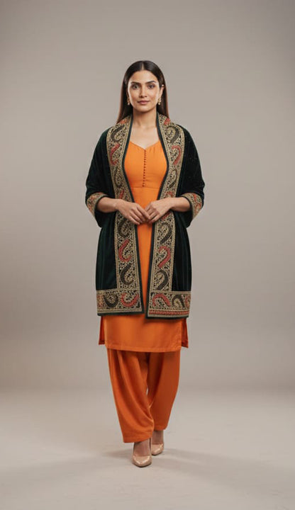 Black Velvet Stole – Silk Thread Embroidery with Swarovski Crystal Detailing