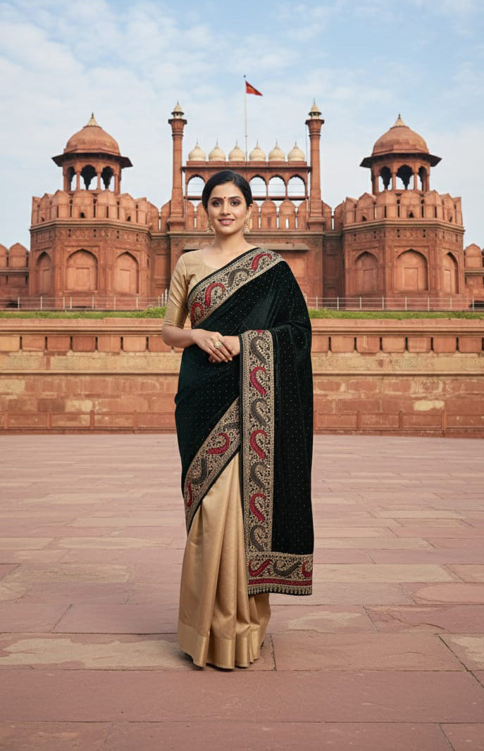 Black Velvet Stole – Silk Thread Embroidery with Swarovski Crystal Detailing