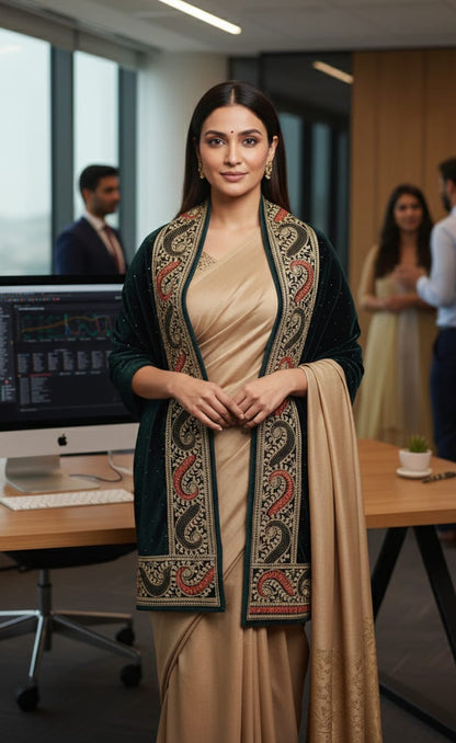 Black Velvet Stole – Silk Thread Embroidery with Swarovski Crystal Detailing