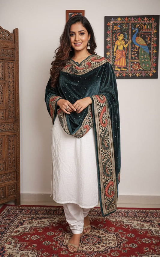 Blue Velvet Stole – Handcrafted Silk Thread Embroidery with Swarovski Accents