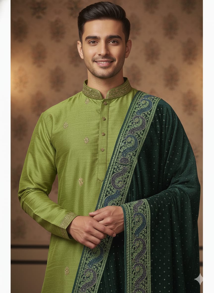 Bottle Green Velvet Swarovski Stole – Luxurious Hand-Embroidered Silk Thread & Swarovski Work