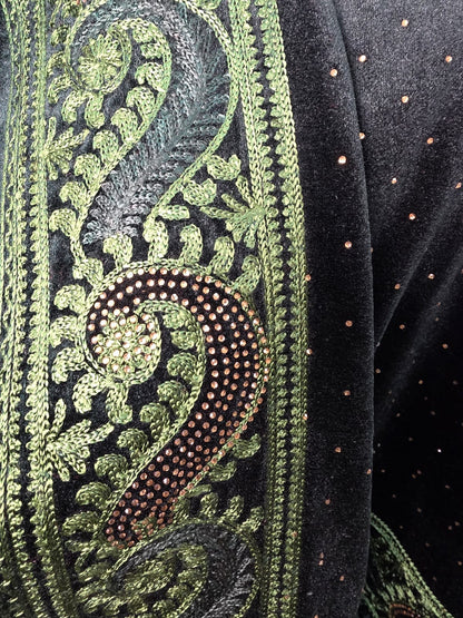 Bottle Green Velvet Swarovski Stole – Luxurious Hand-Embroidered Silk Thread & Swarovski Work