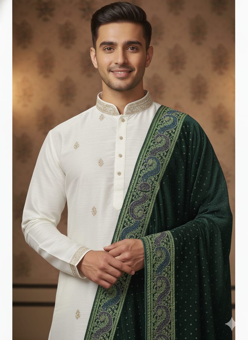 Bottle Green Velvet Swarovski Stole – Luxurious Hand-Embroidered Silk Thread & Swarovski Work