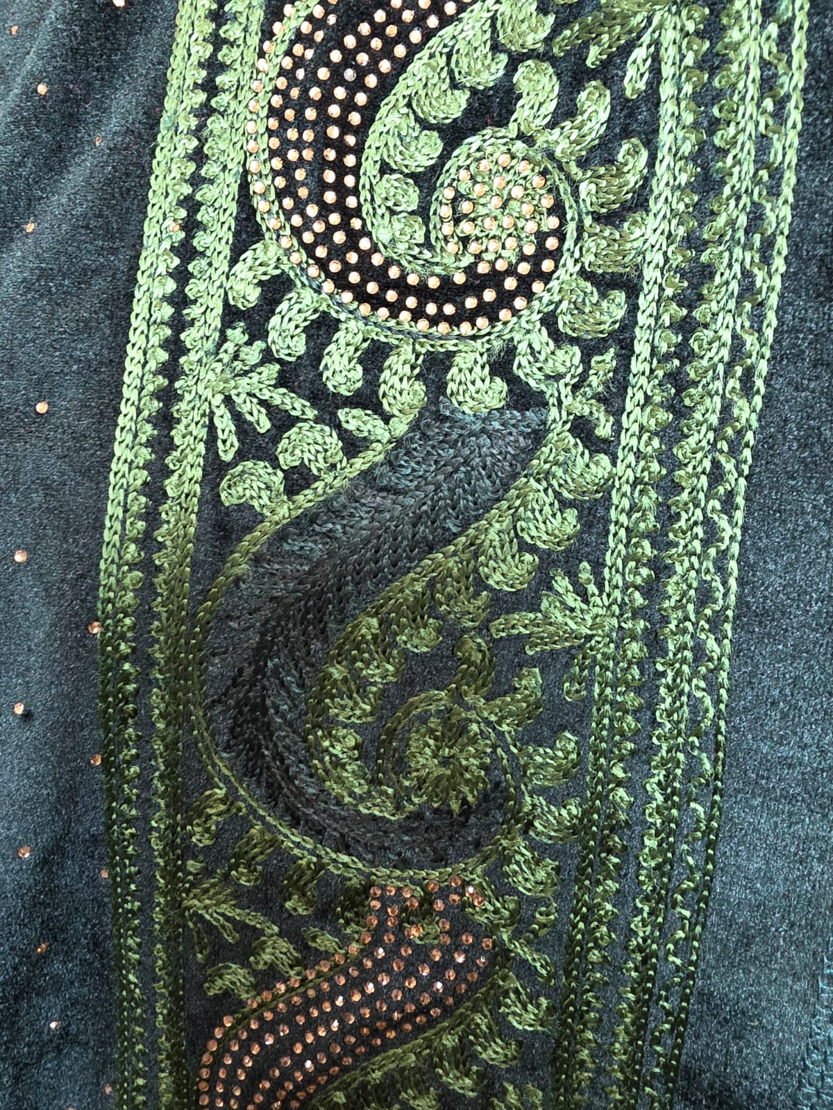 Bottle Green Velvet Swarovski Stole – Luxurious Hand-Embroidered Silk Thread & Swarovski Work