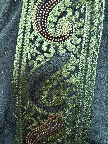 Bottle Green Velvet Swarovski Stole – Luxurious Hand-Embroidered Silk Thread & Swarovski Work