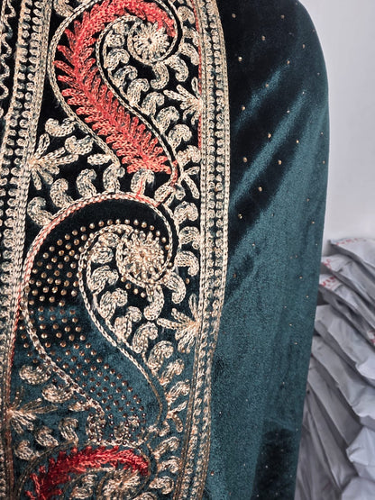 Bottle Green Velvet Stole – Luxurious Hand-Embroidered Silk Thread & Swarovski Work