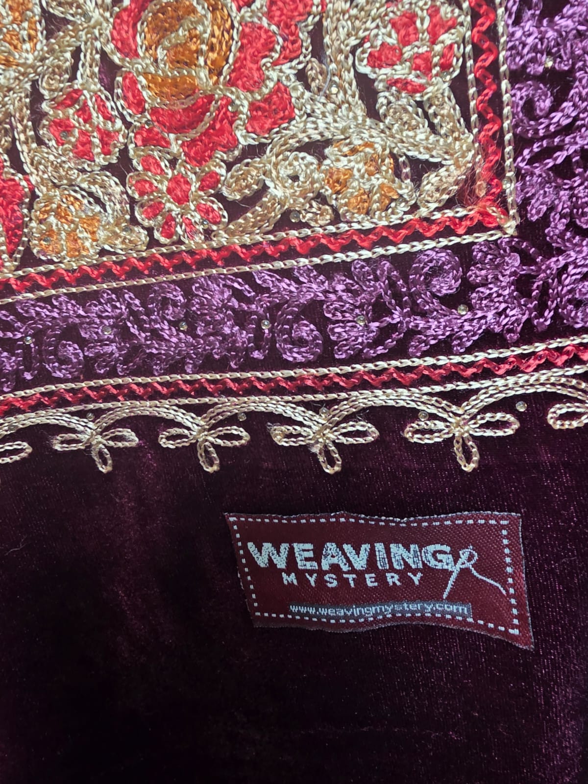 Wine Velvet Wedding Stole – Handcrafted Silk Thread Embroidery with Swarovski Accents