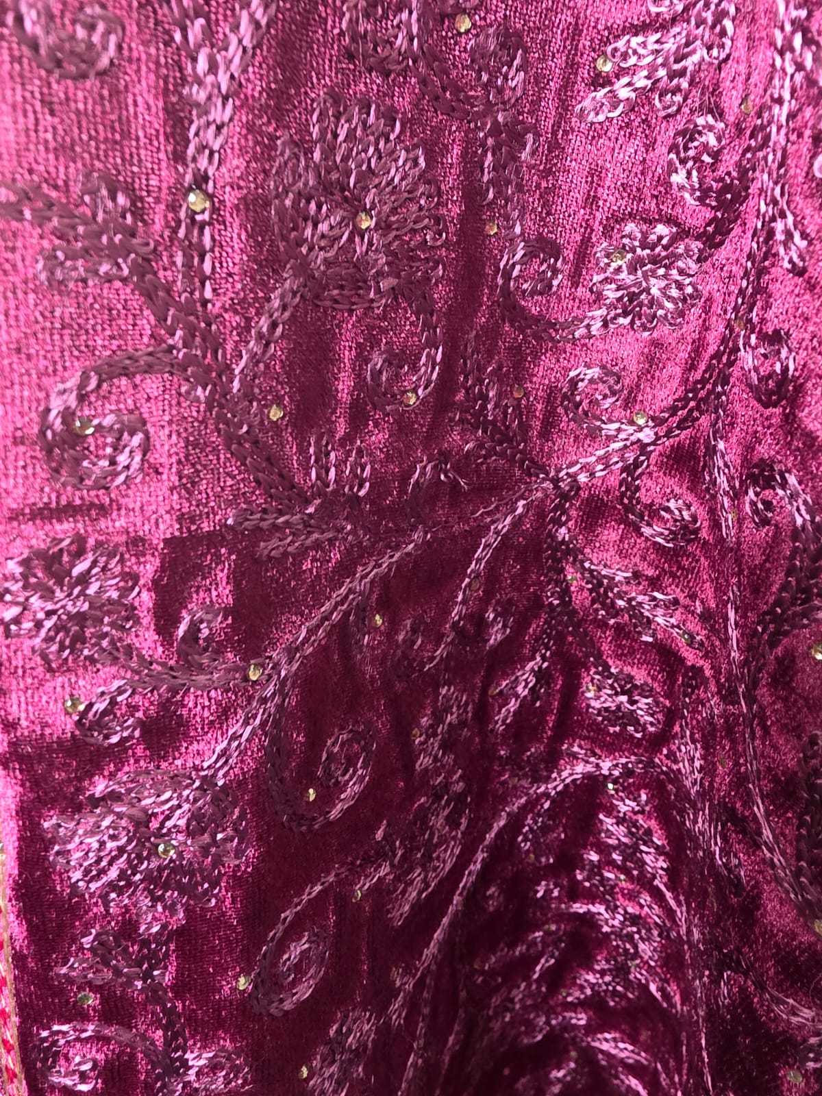 Wine Velvet Wedding Stole – Handcrafted Silk Thread Embroidery with Swarovski Accents