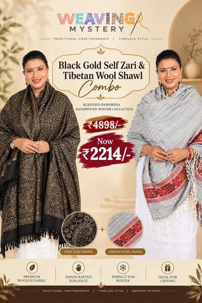 Black Gold Self Zari & Tibetan Wool Shawl | Blended Pashmina Handwoven Winter Collection