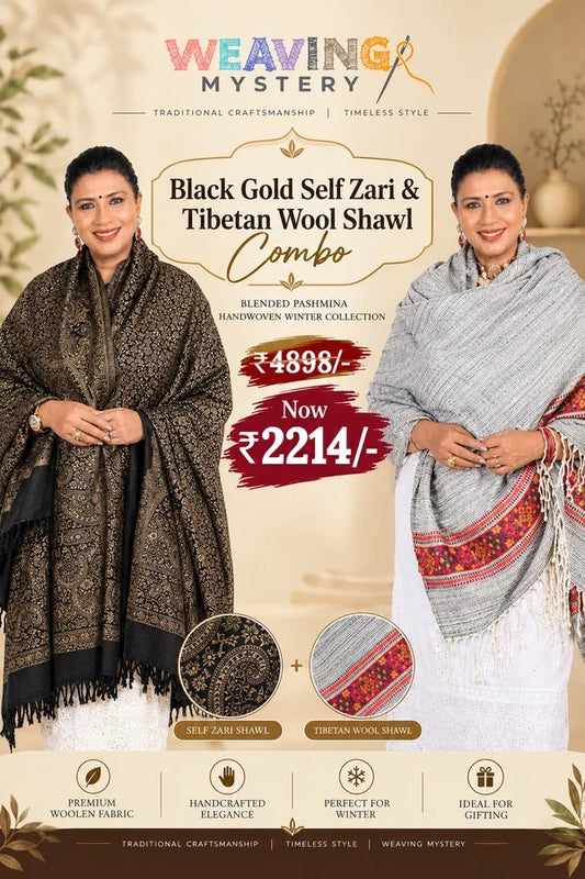 Black Gold Self Zari & Tibetan Wool Shawl | Blended Pashmina Handwoven Winter Collection