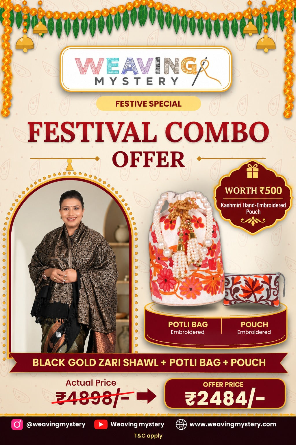 Black Gold Zari Shawl & Embroidered Potli Combo | Premium Ethnic Collection