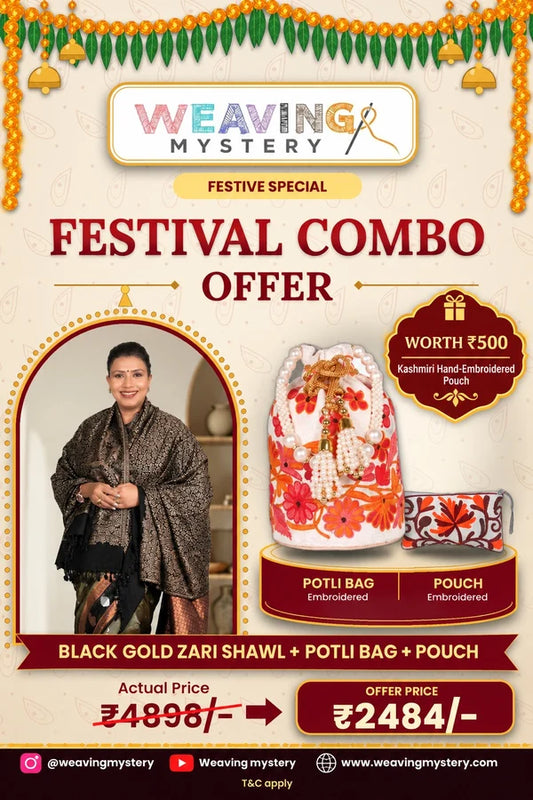 Black Gold Zari Shawl & Embroidered Potli Combo | Premium Ethnic Collection