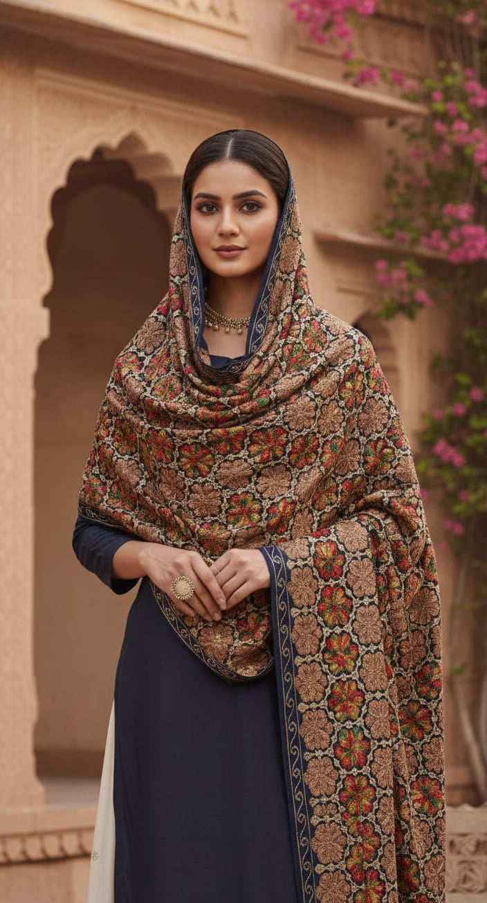 Blue Wedding Shawl – Exquisite Hand-Embroidered Thread Work