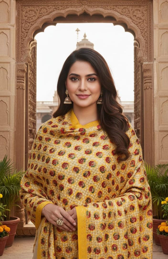 Yellow Phulkari Wedding Shawl – Elegant Hand-Embroidered Bridal Wrap