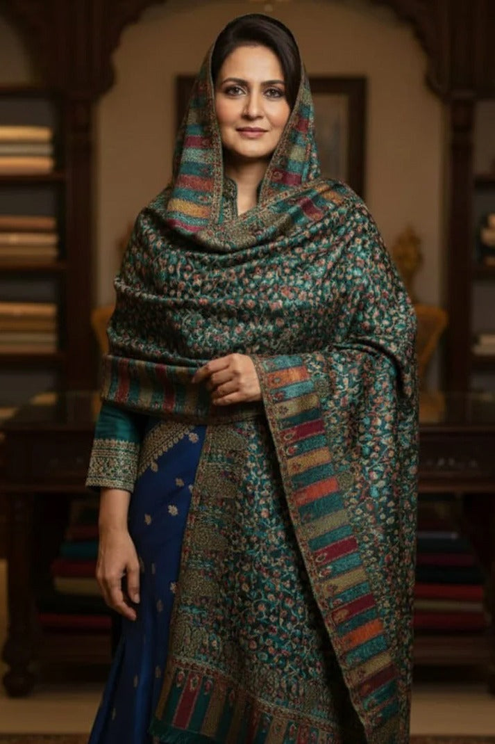 Dark Green Kani Shawl – Authentic Handwoven Kashmiri Luxury